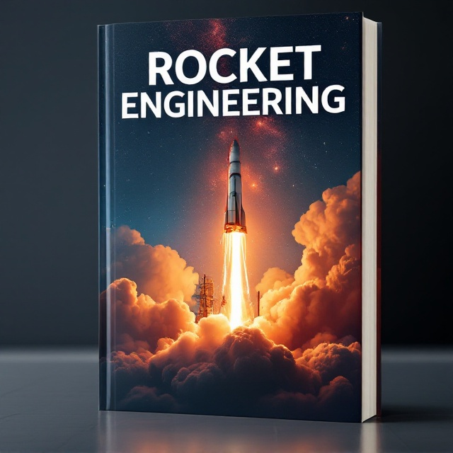standing book mockup, Its title is "ROCKET ENGINEERING, An Introduction to the Science and Technology of Rockets".  A realistic image of a rocket lifting off against a dramatic sky in hues of orange and blue, symbolizing ignition and exploration. Vibrant smoke and flames trail beneath the rocket, creating a sense of motion. Starry space looms higher up, blending into the title area, conveying both Earth and the cosmic realm. Bold sans-serif font for the title "ROCKET ENGINEERING," in white, with a subtle metallic sheen, positioned at the upper center of the cover. The subtitle, "An Introduction to the Science and Technology of Rockets," is in a clean, smaller sans-serif font in a soft gray, placed beneath the title with ample spacing., The rocket launch image occupies the lower two-thirds of the cover, leaving the upper third for the typography. The title stands out prominently in the middle-upper area. The subtitle aligns neatly beneath the title. The background transitions from ground-level hues to dark, infinite space. A faint grid or scientific diagram, barely noticeable, overlays parts of the background to reflect the technical aspect of the subject. The area where the author's name typically appears should be left completely blank, with no text or placeholder.