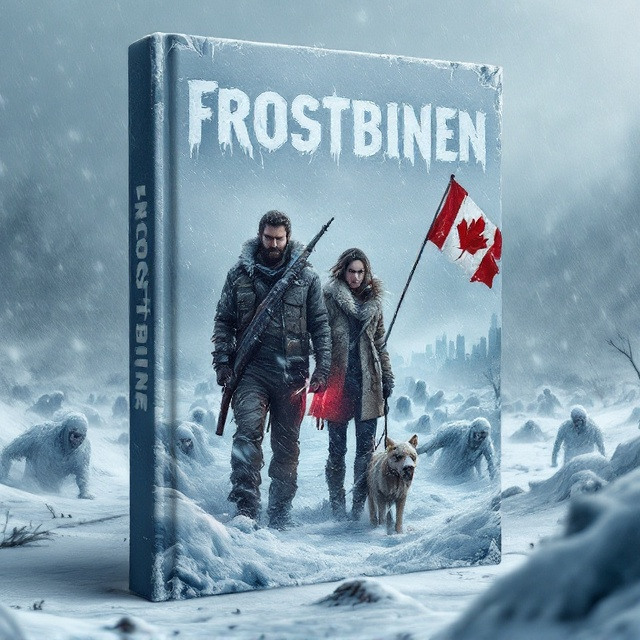 The cover shows a desolate, snowy landscape with a lifeless city in the background shrouded in mist. Two figures—a rugged man with a rifle and a determined woman clutching a lead, holding her loyal but weary dog—are prominently featured in the foreground. Surrounding them are grotesque, frozen zombies staggering out of frosty mounds. A torn and icy Canadian flag flutters faintly from a broken pole. Snowflakes fall heavily, creating a chilling and isolating atmosphere. The blinding whites of the snow contrast with the dark grays and muted blues of the scene, creating a stark, cold aesthetic.