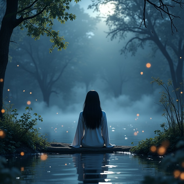 A misty, twilight garden setting surrounds a tranquil pond. At the forefront, a 12-year-old girl with long black hair sits on the edge of the water, her white robe-like dress softly glowing in the dim light. Her back is to the viewer as she gazes into the reflective pond, which shimmers with an otherworldly, magical glow. Firefly-like orbs of light hover around the pond, and faintly, mysterious shadows lurk in the background vegetation, adding elements of fear and mystery. Above, the night sky, speckled with stars, subtly blends into deep blue-gray tones.