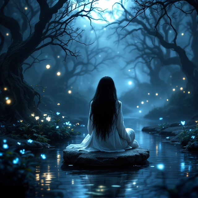 A mysterious nighttime scene. The girl with long flowing black hair sits on a stone by a still garden pond, her white robe slightly glowing, illuminated by soft, ethereal moonlight. The pond’s surface reflects a distorted and eerie version of her face, with faint glowing ripples spreading outward. Surrounding the girl are strange, twisted trees shrouded in creeping mist, with faint orbs of light hovering in the background, suggesting magic. Tiny glowing blue flowers can be seen sprouting near the pond, adding a touch of otherworldly wonder.