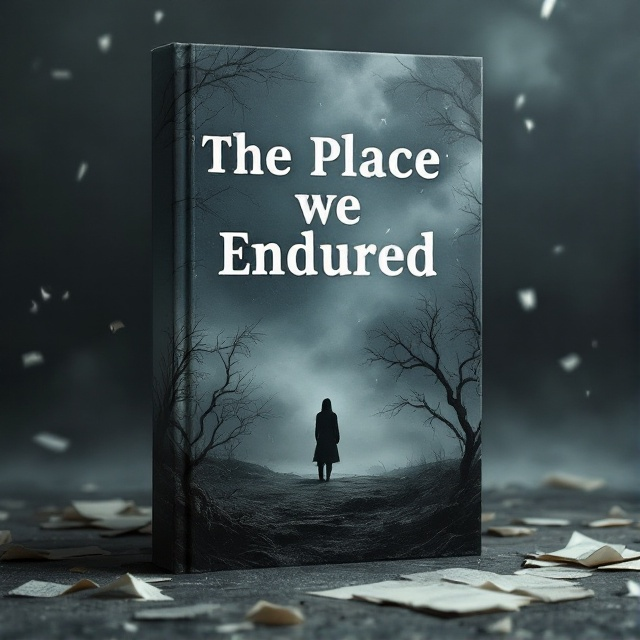 A gray, desolate landscape stretches across the cover with a figure standing in the distance, their silhouette blurred and fading into a heavy, stormy sky. Bare, twisted tree branches creep along the corners of the frame, while torn and scattered pages float ominously through the air, adding a sense of chaos and despair. The color palette consists of muted grays, blues, and blacks with ghostly streaks of pale light slicing through the darkness.