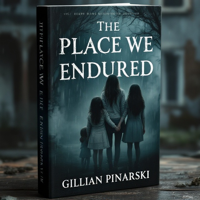 Three young girls are shown standing together at the center of the cover. The eldest girl is gently clutching the hands of the two younger girls on either side of her, creating a triangle of protection. Their clothes are in muted tones of soft blues and grays, conveying somberness. The background is a haunting, weathered house with peeling paint, blurred slightly as if dissolving into shadow. Faint streaks of rain fall across the scene, enhancing the sad, desperate mood. Subtle light emanates from above the trio, casting them in a very gentle glow, hinting at their internal resilience.