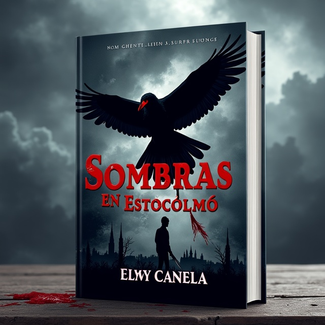 The cover is set in a nighttime scene in Stockholm, with dark, stormy clouds swirling ominously. A silhouette of a menacing black cuervo (crow) with its wings outstretched dominates the midsection of the cover. In the lower foreground, there's a shadowy figure clutching a bloodied dagger, which trails a streak of red across the cover. Drops of blood splatter onto the title, lending a chilling touch. The background subtly features parts of the Stockholm skyline in grayscale, faintly visible behind the menacing storm clouds.