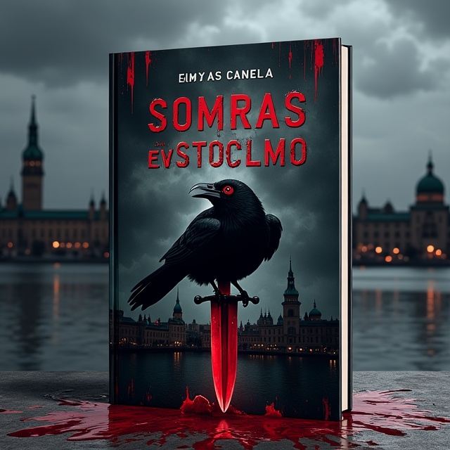 A dark, stormy skyline of Stockholm looms in the background, with sharp black silhouettes of its iconic buildings. In the foreground, a bloodied dagger lies ominously beneath a black, menacing crow with piercing red eyes perched on it. Swirling crimson highlights mimic the flow of blood splashed across the air. Shadows seem to whisper throughout the cover, blending into the background. The overall aesthetic is dark, dangerous, and emotionally gripping.