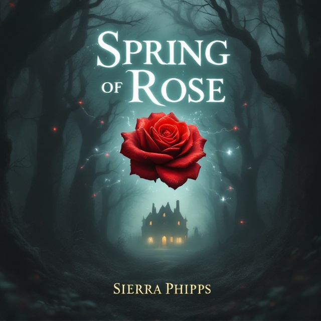 A misty, supernatural forest scene with shades of greys and dark greens. In the middle of the cover, a vibrant red rose floats eerily in the air, its petals slightly translucent with ghostly trails emanating from them. Surrounding the rose are faint, shadowy figures that are barely visible, blending into the mist. A fading mansion silhouette rests in the background, hidden by low fog. The title glows softly in a luminescent white with a faint ethereal glow around it.