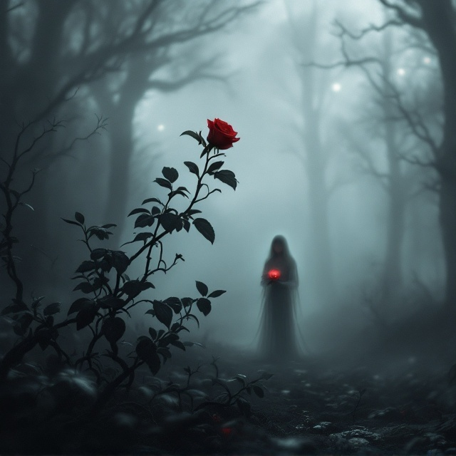 A shadowy, haunting rose bush in the foreground, with its twisted vines reaching out like claws. Behind it, a misty, ethereal forest with faint glimmers of light piercing through the dense fog. A small, ghostly figure of a young woman stands hidden in the mist, holding a single crimson rose, glowing unnaturally bright against the muted monochromatic backdrop.