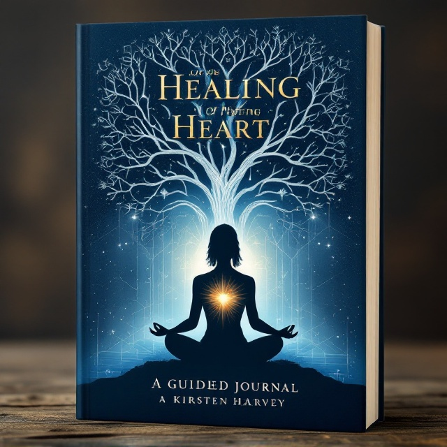 A silhouette of a person in a meditative position sitting under a large, intricate "Tree of Life," its branches forming connections with subtle sacred geometry patterns in the background. The silhouette radiates soft, glowing light from the heart area, symbolizing healing and hope. The background transitions from deep indigo at the top to lighter blues at the bottom, giving a sense of depth and spiritual awakening.