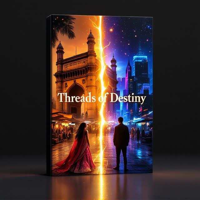 The cover is divided symmetrically into two halves, with the left side featuring the iconic Charminar of Hyderabad enveloped in golden hues of a setting sun. The foreground places the young woman in a vibrant pink lehenga, her black hair flowing gently in the wind, symbolizing grace and connection to tradition. Surrounding her are glowing lanterns and vibrant market stalls. The right side portrays the New York skyline under a deep, starry night sky, illuminated with neon blues and purples. A young man in a "bad boy" outfit stands confidently in the foreground, emanating a modern, urban vibe. A glowing path threads through the entire design, seamlessly connecting both worlds, visually unifying the two cities and characters.