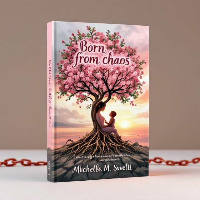 A young mother cradles her baby within the shelter of a blooming tree. The tree's roots are illustrated breaking free from jagged, rocky ground, symbolizing resilience and growth. The backdrop transitions from dark clouds in the upper left corner to a vibrant, warm sunrise in the lower right, signifying hope and renewal. A faint, broken chain lies artfully near the tree's base, indicating freedom from cycles of pain. In the foreground, a baby's small hand delicately holds an adult's, an intimate and powerful symbol of connection. The pastel pink hue dominates the cover, with subtle earthy greens and yellows adding depth.