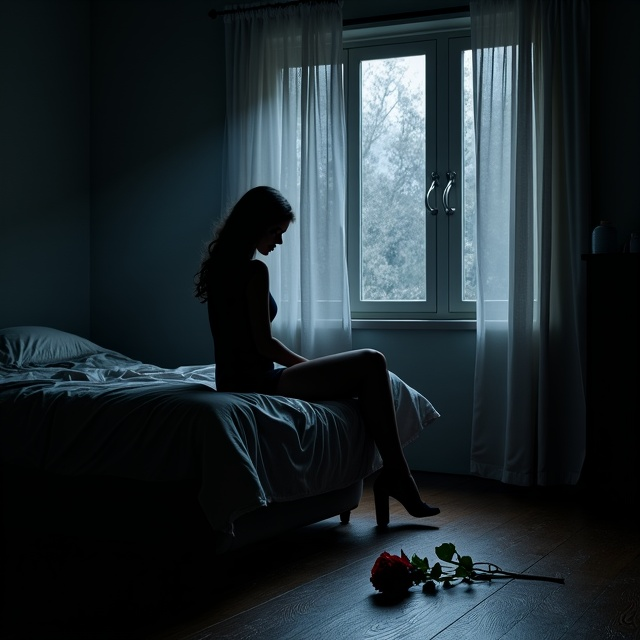 A shadowy figure of a woman sitting on the edge of her bed, silhouetted against the soft, eerie glow of moonlight streaming through a cracked window. The room appears sparse with dark, muted tones—gray, navy, and black dominating the color palette. A single red rose lays on the wooden floor, its vibrant color interrupting the somber tones. The edges of the cover gently fade into total black, creating a vignette effect.