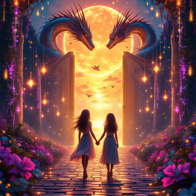 Two girls stand hand in hand, walking gently on a glowing cobblestone path in a magical world. In the background, a massive golden door looms, surrounded by glowing pink and purple vines, with a brilliant setting sun casting hues of red, blue, and yellow across the sky. A dragon with shimmering iridescent scales unfurls its wings and hovers above. Suspended in mid-air are glowing orbs of energy, and the girl on the right holds an open book with golden pages emanating light. The landscape is dotted with mystical floating islands and creatures flying joyously.