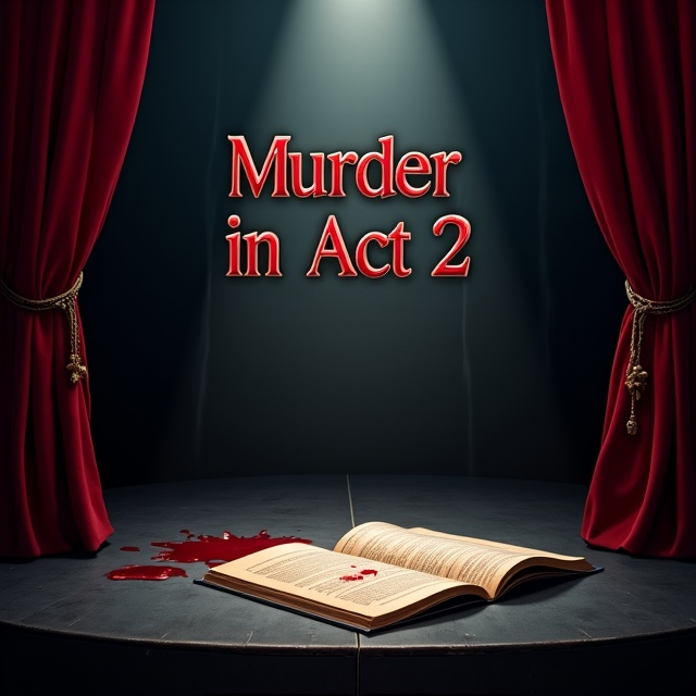 A dark, moody theater stage in the aftermath of a performance. The spotlight shines down on a blood-stained script lying abandoned near the edge of the stage floor. In the background, a pair of intertwined hands—one warm brown and the other pale—barely noticeable, reaches toward each other, hinting at the romance. The curtains, faintly illuminated in smoky light, frame the composition with a slight crimson hue, suggesting both intrigue and passion.