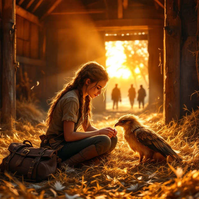 A warm, glowing sunset spills through the cracks of the wooden barn walls as rays of orange and deep crimson highlight the details of the hay loft. Yukie, a 15-year-old girl with braided hair and a determined expression, is kneeling in soft, golden hay. She is carefully bandaging the broken wing of a small, injured baby griffin with golden-brown feathers and soulful, intelligent eyes. The foreground includes scattered feathers, twine, and a worn satchel. In the background, shadows of hunters can be faintly seen outside the barn doors, hinting at lurking danger.