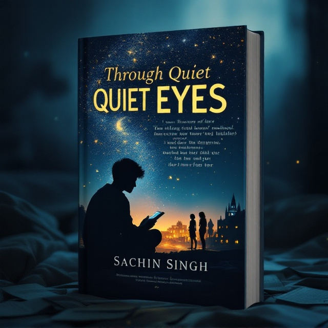 A silhouette of a young man sitting on the edge of his bed, clutching a pen in one hand and a journal in the other, while fragmented thoughts and phrases in faint, typewriter-style text swirl out of his head, dissipating into the night sky. The background transitions from a muted indigo at the bottom to a brilliant golden hue at the top, suggesting hope and transformation. Around the silhouette are faint details like scattered pages, pictures of a college campus, shadowy figures symbolizing onlookers, and the softly glowing figure of a young woman observing him from a distance. The overall tone is evocative, blending glimpses of darkness with touches of warmth.