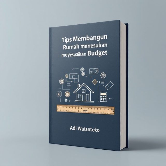 The cover features an illustration of a small house blueprint sketch in the center with subtle textured lines, surrounded by icons of coins, bills, and a calculator. A ruler lies diagonally across the bottom edge, symbolizing precision and budgeting. Minimalistic navy background with a gradient effect moving upwards creates depth.