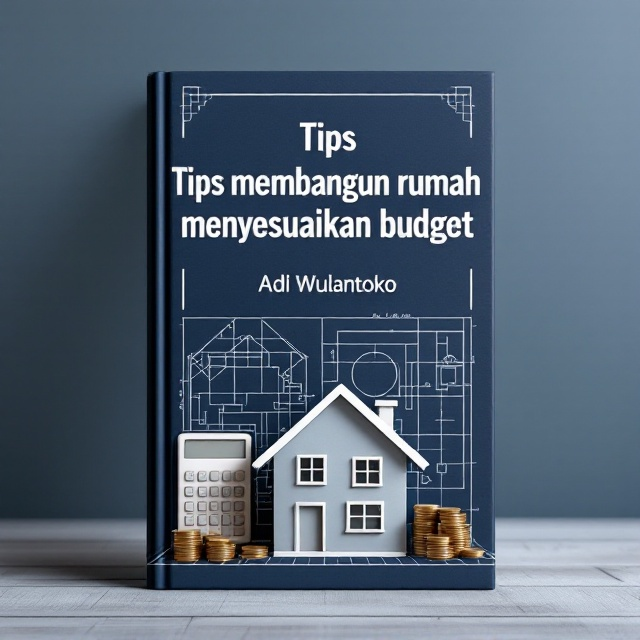 A modern and minimalist design featuring a silhouette of a modest single-story house at the bottom center. A calculator, a stack of coins, and a blueprint overlay are arranged to the left of the house, symbolizing careful planning and budget management. The background has a gradient blend of navy and light gray, creating a professional yet approachable tone. Subtle white grid lines in the background resemble technical drawings.