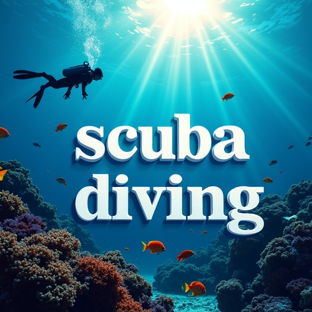 A vivid underwater scene featuring a scuba diver swimming through a coral reef with schools of colorful fish surrounding them. Rays of sunlight penetrate the surface of the water, creating an interplay of shadows and light. The background shows the deep blue gradient of the ocean, receding into mystery and adventure, with faint silhouettes of marine life. Minimalistic bubbles rise from the diver's tank, drawing the eye upward.