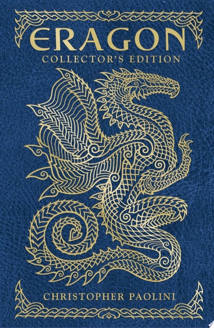 The cover of 'Eragon' showcases an intricately designed gold dragon set against a textured deep blue background. The dragon appears in a stylized, almost emblematic form, conveying both mystique and power. Decorative patterns frame the dragon, adding to the overall ornate and classical feel.