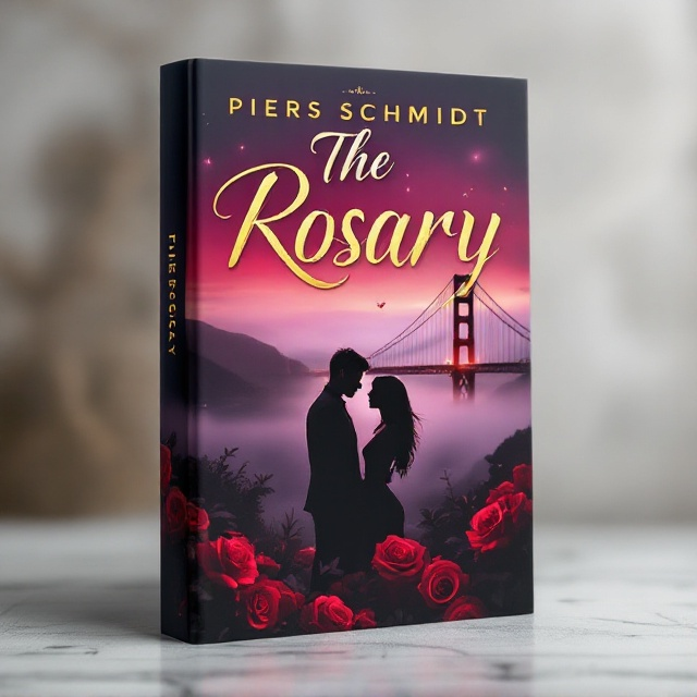 A serene evening backdrop showcasing the Golden Gate Bridge is central to the composition. The bridge is slightly veiled by faint, ethereal mist, amplifying the romantic and tragic undertones. In the middle distance, the silhouettes of a striking male and female couple—intimate yet distant—facing each other with subtle tension. Roses, vividly crimson, wind along the bottom edge, framing the scene like a blooming boundary. The overall palette consists of deep crimson blending into twilight purples and soft golds, creating an evocative, emotional atmosphere.