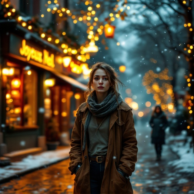 A dimly lit street scene occupies the majority of the cover, where festive Christmas lights are faintly illuminating the backdrop. The central figure is a young woman, wearing tattered but warm-toned clothing, standing resolutely in the foreground. Her posture reflects exhaustion, but her gaze conveys unwavering determination. Behind her, a cozy, simplistic restaurant labeled "Bab's" features a visible "vegan" sign on its window. Across from her, a subtle depiction of another woman stands, holding a large, conspicuous sack of money, her expression frozen in astonishment. Small and scattered snowflakes fall throughout the cover, adding an atmospheric texture.