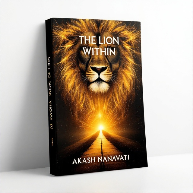 A majestic lion's face fading into an abstract golden sunrise at the top, symbolizing power and hope. The background is a gradient mix of bold amber and deep black tones. The bottom features a subtle pathway imagery leading upwards, surrounded by faint rays that hint at a journey of self-discovery.