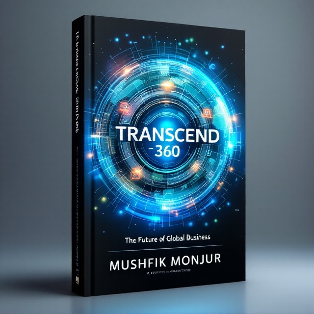 The background features an abstract, glowing, 3D-rendered globe overlain with a dynamic grid of interconnected nodes and lines. The central visual element is a layered circular diagram with subtle gradients in shades of blue, green, and silver, representing the TRANSCEND-360 framework. Small, modern icons—such as gears, leaves, and data graphs—are distributed around the central diagram. Light trails and glowing effects wrap around the diagram to convey depth and motion. A subtle horizon line runs through the central circle, dividing the globe and adding a sense of perspective. The bottom section includes a world map faded into the background for further emphasis on globalism.