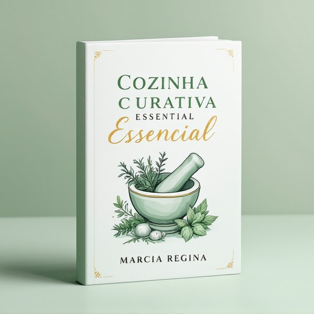 A clean, minimalist cover featuring a soft green gradient that transitions into white, symbolizing freshness and health. In the foreground, an elegant illustration of a mortar and pestle with herbs like rosemary and mint, accompanied by subtle sketches of vegetables. Decorative gold accents outline these elements to convey sophistication.