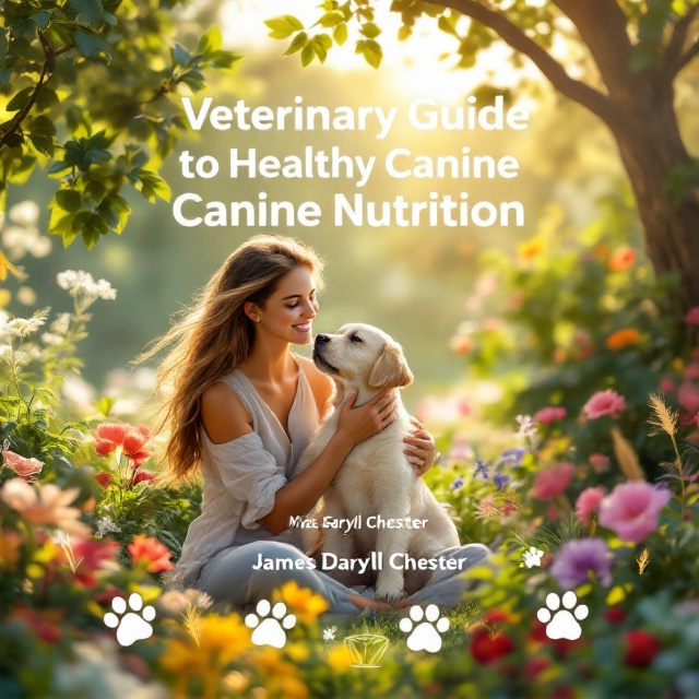 A vibrant garden setting fills the background with a variety of rich flowers, greenery, and natural textures. The focus is on a beautiful young woman with flowing hair, wearing relaxed but neat attire, joyfully interacting with her Labrador puppy. Nearby, the puppy’s mother dog rests in the shade of a tree, creating a sense of warmth and trust. Sunlight streams softly, creating a dynamic interplay of shadows and highlights, adding depth to the image. A subtle overlay illustration of paw prints and nutrition-related symbols (like vegetables, a bowl, and wheat sheafs) blends seamlessly into the lower corners.