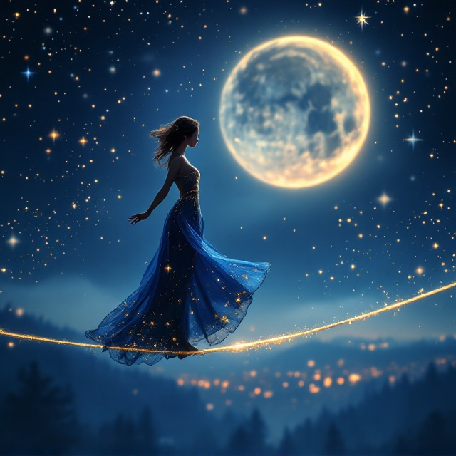 A romantic female tightrope walker stands delicately in the moonlight, balancing gracefully on the glowing silver thread of the tightrope. The background features a dreamy night sky filled with stars shimmering faintly. The moon, softly glowing, casts an ethereal light that bathes the entire scene. Her outfit is flowing, magical, and reflects tones of midnight blue with golden accents. She is adorned with subtle sparkles, emphasizing her magical aura. Below her, the faint outlines of a misty cityscape or an endless forest can be seen, blurred to enhance the focus on the tightrope walker.