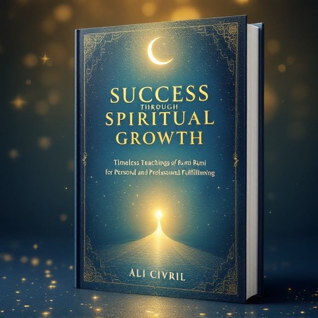 A soft gradient background blending gold at the top and deep blue at the bottom, symbolizing the transition from the material to the spiritual realm. Delicate Persian-inspired geometric patterns subtly overlay the background. A light-filled path extends from the bottom center, leading to an abstract swirling silhouette of a whirling dervish in the upper-middle of the cover. A crescent moon and faint scattered stars adorn the top of the cover, adding a celestial touch.