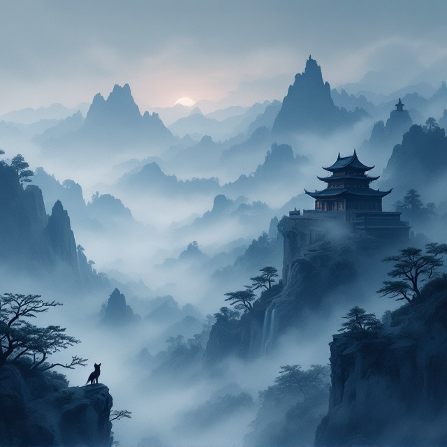 A soft, dark ethereal Asian landscape spanning across the cover, created in muted watercolor brushstrokes. The focal point is a silhouette of an ancient Asian palace, its spires and rooftops blending seamlessly into the misty twilight. Cascading cliffs and jagged mountains form the background, fading into dense clouds, with delicate trees scattered across the composition. A small, enigmatic fox silhouette perches atop a cliff near the lower right corner, facing toward the palace. The overall color palette uses deep blue and slate tones with subtle mauve accents, creating a dreamlike, moody atmosphere.