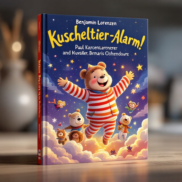 Paul is illustrated in vibrant, warm colors wearing his magical striped Schlafanzug, flying joyfully amongst glimmering stars and fluffy clouds. He is surrounded by his diverse, animated Kuscheltiere, each showcasing distinct personalities—Brummel, the bear, is bold and protective; the others evoke curiosity and warmth. Behind them, dreamlike, translucent vignettes emerge, hinting at the enchanted playground, a snowy North Pole, and the vivid candy land. The sky colors transition from deep midnight blue at the top to a dreamy violet and soft pink near the bottom, creating depth and wonder. ---.