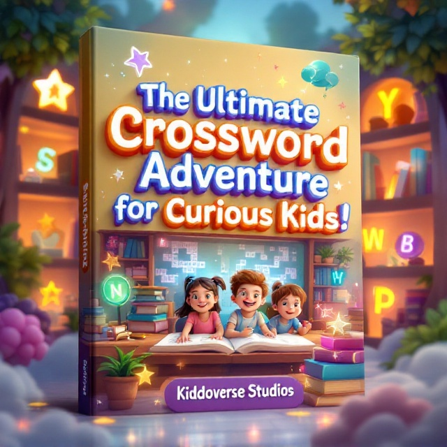 A whimsical scene with three playful children sitting in a magical floating library surrounded by glowing shelves, crossword puzzles, and colorful floating letters. Around them are educational icons like magnifying glasses, open books with shimmering pages, sparkling stars, and glowing orbs. Pixie dust swirls softly over the scene, giving the cover an enchanting atmosphere. The background is a soft gradient transitioning from sunny yellow to warm pink with hints of lush green framing the edges, while a soft blue provides contrast.