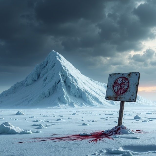 The cover depicts a chilling, desolate landscape with a vast, icy tundra stretching into the horizon. A jagged glacier dominates the middle ground, its edges sharp and foreboding. The sky is an ominous swirl of heavy, storm-laden clouds in a mixture of black and charcoal gray tones. A tilted, rusted metal sign bearing the faint, faded insignia of an unknown council sits half-buried in the snow near the lower section of the frame. A faint blood streak on the icy terrain and a subtle crimson hue on the edges of the sign provide the requested blood-red accent. The foreground and background are layered with intricate frost and detailed snow textures, creating depth and a sense of frozen inhospitability. Abstract, shadowy shapes resembling vague, monstrous outlines are subtly blended into the storm clouds for an unsettling, supernatural undertone.