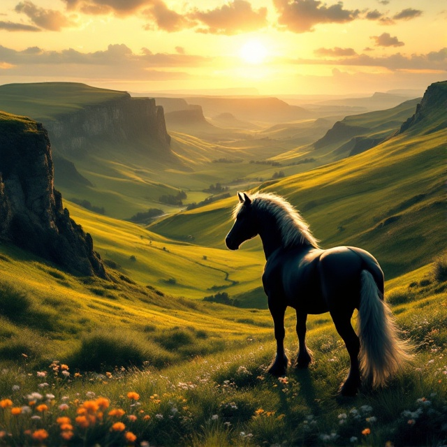 A vibrant, romantic depiction of an Irish hillside landscape filled with rolling green fields, dramatic cliffs, and a soft sunset sky. In the foreground, a striking silhouette of a majestic horse stands on a slight hill, facing away from the viewer towards the sun. Around the horse's feet, there are small wildflowers swaying in the breeze.