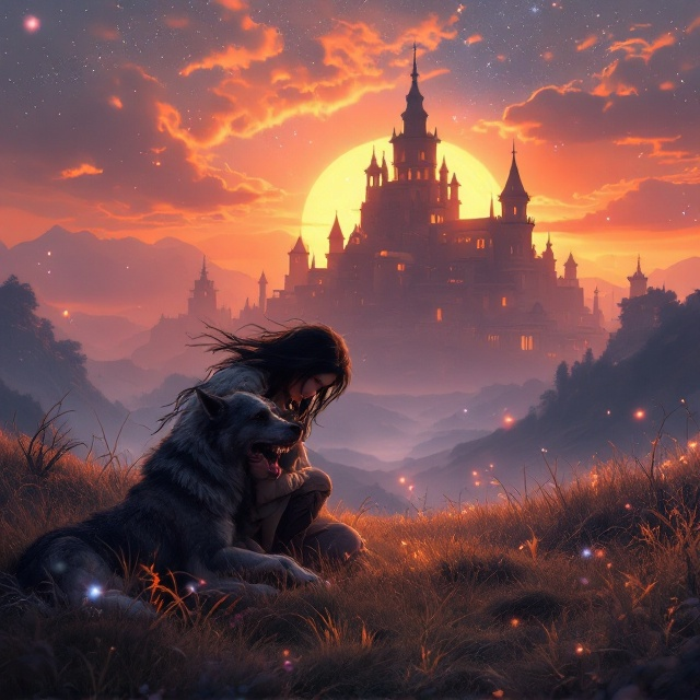 An ethereal sunset landscape in a warm color palette of oranges, purples, and pinks. On the left side, Yuki— a 15-year-old with wind-swept black hair and wearing rustic yet magical adventurer clothes—kneels next to an injured Cerberus (depicted as a massive three-headed dog) with one head leaning against her tenderly. The military post looms in the background with a mix of fantasy architecture and a mystical aura, with faint glowing orbs floating around. The ground beneath them flows into a grassy hill, transitioning into stars as it fades upward.