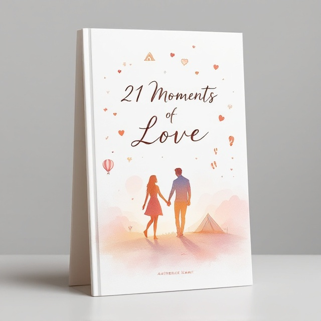 A minimal and clean white background with a combination of soft watercolored abstract silhouettes of a couple holding hands. Around them, faint, pastel-like icons subtly hinting at activities (like a campsite, a pair of intertwined hearts, a hot air balloon, and footprints). These elements evoke love, adventure, intimacy, and exploration in a subtle way. The centerpiece is the title, elegantly showcased in the upper center of the cover.