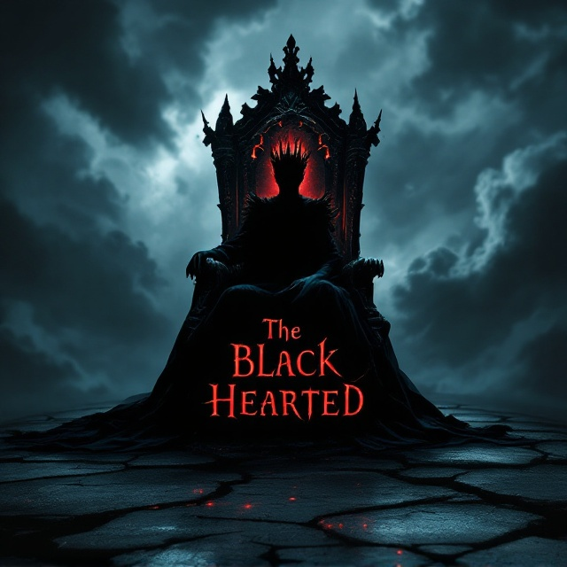 A dark, stormy background with clouds swirling ominously, creating a sense of foreboding. In the foreground, a silhouette of a queen in a dramatic pose sitting on a gothic, ornate throne. Her silhouette gives her an imposing, dark presence, with faint glimmers of glowing red accents around her figure, symbolizing her evil nature. Next to her, kneeling in pain, is a shadowy figure of a man, his posture bent over as though in defeat. To the side of the queen, a slightly elevated throne seats a younger princess figure, her silhouette emanating a soft golden or pastel glow to convey her kindness and purity. Subtle cracks run along the ground below the queen and her throne, adding tension and power to her image, while the princess's side of the ground looks smooth and untouched.