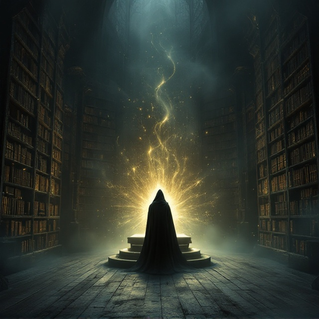 A mystical, dimly lit bookshop enveloped in cascading layers of silvery mist and fog. The towering bookshelves line the background, each shelf crammed with ancient, weathered books emitting a faint, otherworldly glow. On the dusty wooden floor, the shadows of the glowing books stretch and flicker as though alive. At the very center, a solitary cloaked figure stands, their back toward the viewer, facing an enchanted book radiating an irresistible golden-white light from a black pedestal. The shopkeeper, a ghostly silhouette, is visible in the far corner, barely discernible within the fog. Magical threads of energy swirl subtly around the room. The tone is somber with bursts of light punctuating the scene, allowing every element to feel immersive and mysterious.