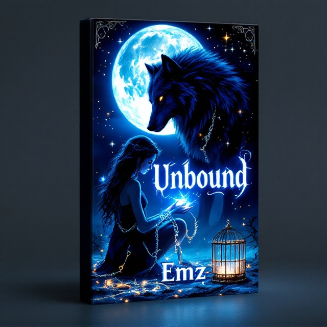 A mysterious woman with glowing, magical chains entangling her hands, kneeling under a silver-blue full moon casting a radiant glow. Behind her looms a dark, shadowy werewolf with piercing amber eyes, radiating a protective aura. Tendrils of mist curl around the ground, while sparks of magic float in the night air. A broken birdcage sits by her side, with light spilling out, signifying her longing for freedom. The background is a deep gradient of navy blue blending into indigo, speckled with stars. Subtle rune patterns faintly etch the edges of the cover to hint at the witch's magical nature.