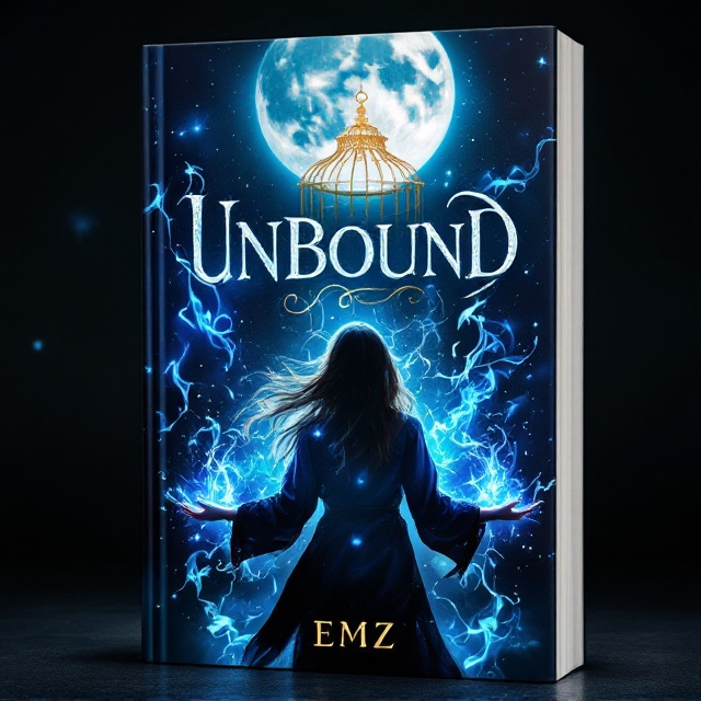 A dark, starry night sky occupies the top background with a glowing full moon central to the scene. Below, a magical golden birdcage with intricate carvings appears cracked and surrounded by glowing, swirling blue magic that seems to be escaping. Standing in the foreground is the silhouette of a young woman (the protagonist) with flowing hair and tattered robes. Her hands are outstretched, releasing the magic into the air, as light streaks wind around her. The atmosphere is both mystical and empowering.