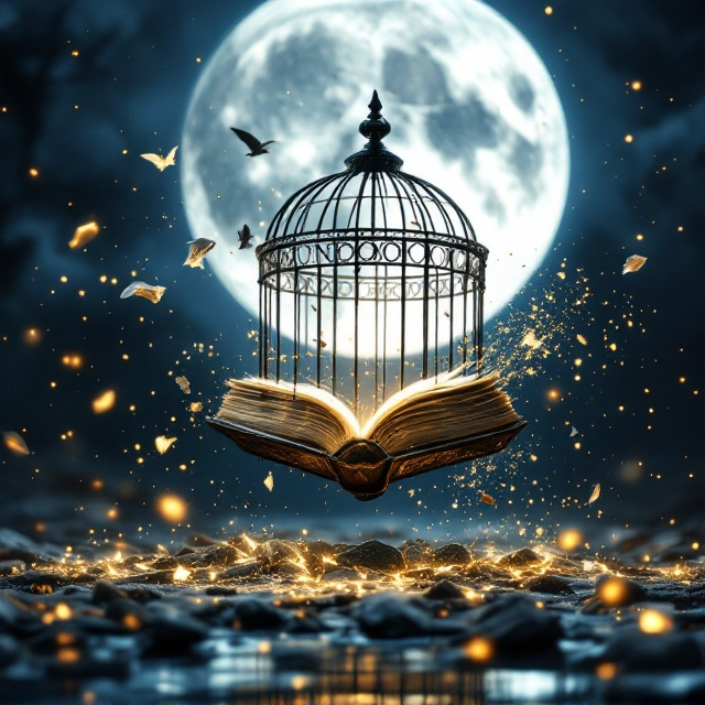 A luminous full moon dominating the background, casting a silvery glow over the scene. In the foreground, a large, intricate birdcage appears shattered, with its broken pieces flying apart in slow motion, glowing faintly as if infused with magic. Floating mid-air nearby is an ancient, weathered spellbook, its pages glowing and curling outward as though activating a spell. Wisps of ethereal light and magical energy swirl throughout the scene, tying the shattered cage and the book together. The color palette leans on deep night blues, silver, and touches of gold to convey a sense of mystery and freedom.