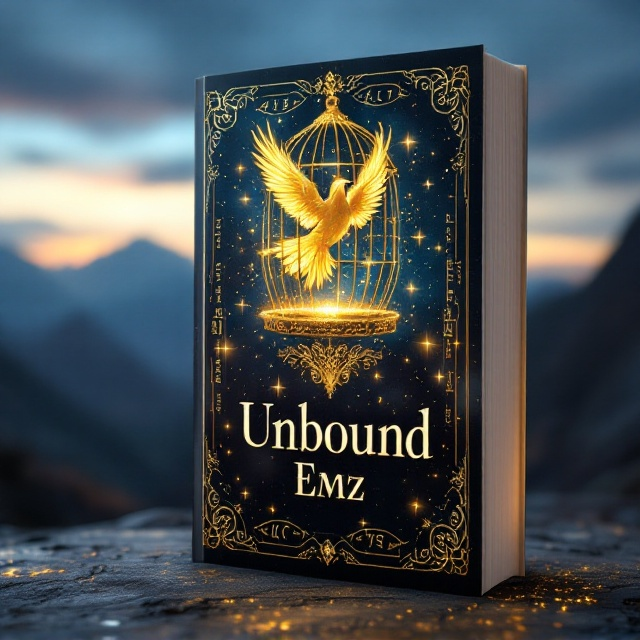 A golden bird with magical, glowing feathers breaking free from an ornate, enchanted cage. The cage is suspended in mid-air, surrounded by swirling mystical energies, with faint runes and sparkling motes of light. The backdrop is a mountainous horizon under a twilight sky, shifting from deep blues to purples, indicating a sense of vastness and freedom. The title "Unbound" glows faintly at the center, illuminated with a subtle magical aura.