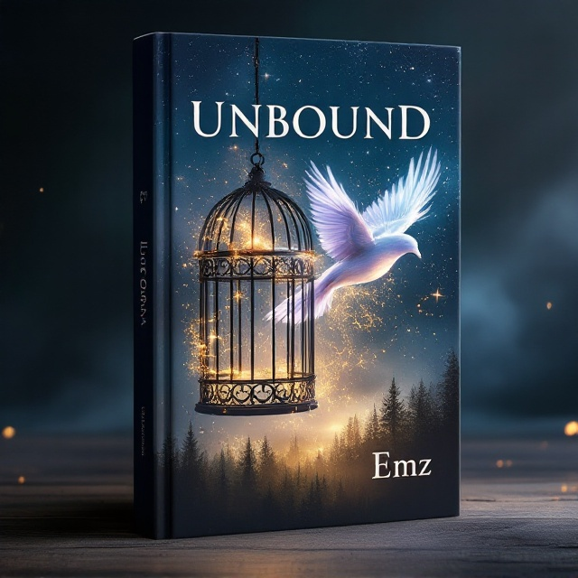 A caged bird with ethereal, glowing wings is displayed mid-flight, as the bars of the cage explode outward. The cage is suspended in a starry sky with soft swirls of magic light floating around. The bottom of the cover fades into a misty, enchanted forest, signifying adventure. The colors are a blend of deep blues and golds, with subtle hues of purple and silver to add a magical touch.