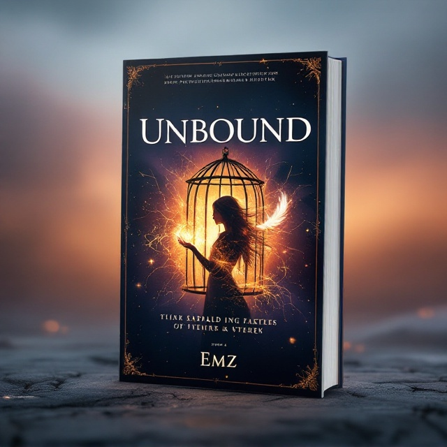 A glowing, cracked cage in the center of the cover with golden magic threads spilling through the breaks. A silhouette of a determined female figure emerges from the broken cage, her hand glowing with swirling magic. The background is a gradient shift from deep twilight hues (navy and purple) at the top to lighter tones of dawn (pale orange and pink) at the bottom, symbolizing freedom and transformation. A feather floats in mid-air, faintly luminescent, indicating newfound liberation.