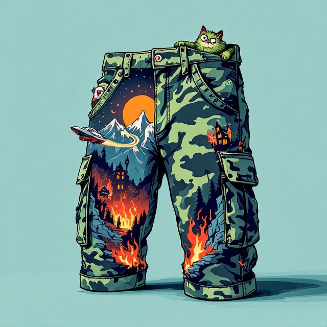 A pair of oversized camo cargo shorts is the main centerpiece, drawn in a Kurt Vonnegut-inspired whimsical illustration style. The shorts have an intricate camo pattern one pant leg features a rugged mountain that transitions seamlessly into a spooky haunted house engulfed in flames, complete with a full moon surrounded by stars. From the left pocket, a sleek, futuristic spaceship zooms out with a bright, curving contrail that spirals dynamically toward the upper portion of the cover. From the right pocket, a cartoonish green orc peeks out holding a playful AK-47, all with exaggerated proportions to maintain whimsy. A fluffy, slightly sinister wide-eyed cat pokes its head out of the left cargo pocket, adding a mischievous touch. The backdrop is a simple, light teal background that frames the playful chaos beautifully. Saturated colors and bold outlines pull all elements together into a cohesive, whimsical appearance.