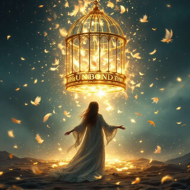 A mystical scene of a glowing cage mid-air, broken in parts with radiant golden light bursting out. Inside the cage, faint silhouettes of feathers are swirling and dissipating as if carried off by the wind. A young female figure stands in the foreground, her back slightly turned, with her arms reaching outward toward the dissolving cage. She is adorned in tattered yet majestic robes with subtle magical runes glowing faintly. Sparse feathers float around her, and the background showcases a gradient of twilight skies transitioning into a vast magical landscape with shimmering stars.