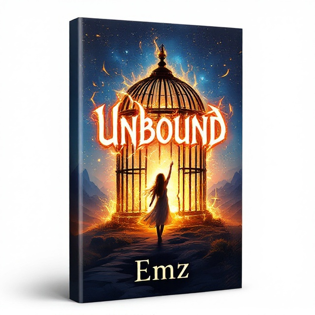 A vast magical landscape with a glowing, enchanted cage at the center, partially broken and radiating bright light. A determined female protagonist with flowing hair stands near the cage, her hand outstretched toward the magical light. Wisps of magical energy escape from the broken bars, weaving into the title, which is imbued with glowing, cage-like accents. The background fades into a cosmic night sky with stars and faint silhouettes of distant mountains, symbolizing boundless adventure.