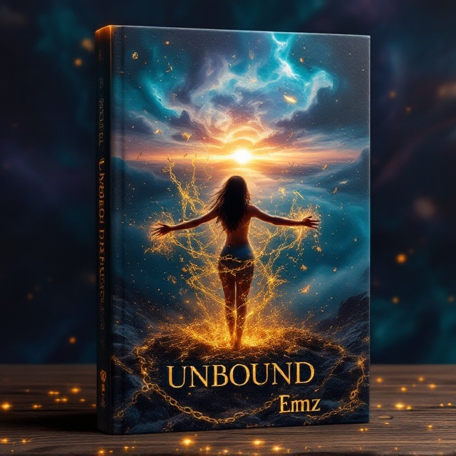 standing book mockup, Its title is "Unbound". Its author name is Emz.  The central figure of a young woman stands with her arms outstretched, breaking through golden, glowing magical chains that once bound her. Around her, a fragmented gilded cage floats, crumbling into shards as it dissolves into the wind. The background is a dynamic swirl of deep blues and purples blending into dark shadows, giving a sense of mystery and adventure. Magic runes glow faintly in the air around her, and a majestic sunrise in the distance symbolizes hope and freedom. A faint shimmer overlays the entire scene, adding a sense of ethereal fantasy. The title "Unbound" is written in a flowing, serif font with sharp, elegant edges, embossed in gold foil, giving it a magical and high-fantasy appearance. The author's name, "Emz," is in a smaller, complementary sans-serif font in white at the bottom right to maintain balance while keeping focus on the title., - The protagonist figure is centered, occupying most of the middle and bottom third of the composition. - The title "Unbound" arcs slightly over the fragmented cage and glowing chains in the upper third of the cover, making it the focal point. - The author's name is unobtrusively placed in the lower right corner. - Decorative patterns of faint magical runes frame the edges, adding subtle complexity without overcrowding the design.