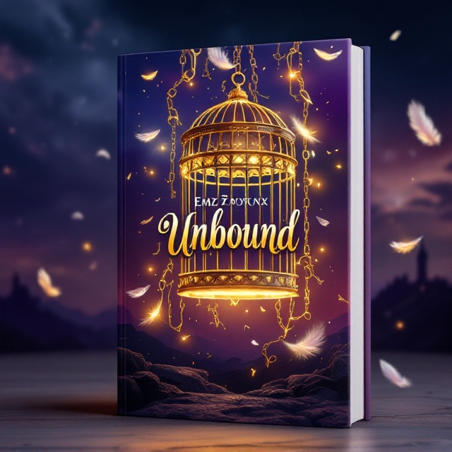 A golden cage suspended mid-air against a twilight sky of deep purples and blues. The cage door is ajar, with radiant golden light spilling out. Surrounding the cage, there are broken golden chains scattering in mid-air. Feathers, glowing softly in iridescent hues, float away from the cage towards the top of the cover, symbolizing freedom and magic. The faint silhouette of a mystical landscape sits in the background, giving a sense of adventure and the fantasy genre.